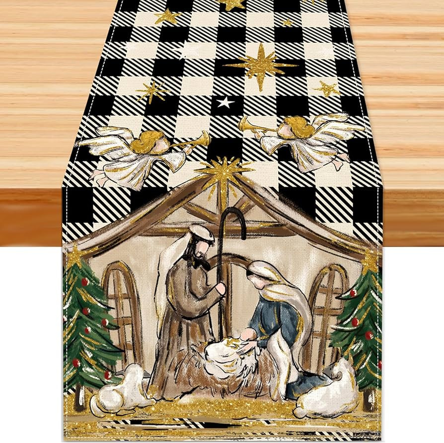 Christmas Winter Table Runner, Jesus Buffalo Plaid Tabletop Runners Kogiya Shepherd Xmas Seasonal... | Amazon (US)