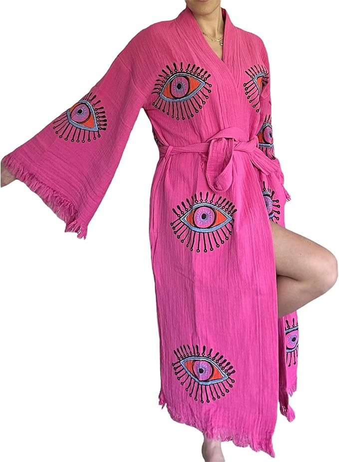 The Pinus Women's Candy Pink Evil Eye Kimono Robe with Pockets Hand Painted, Robe, Coverup, Belte... | Amazon (US)