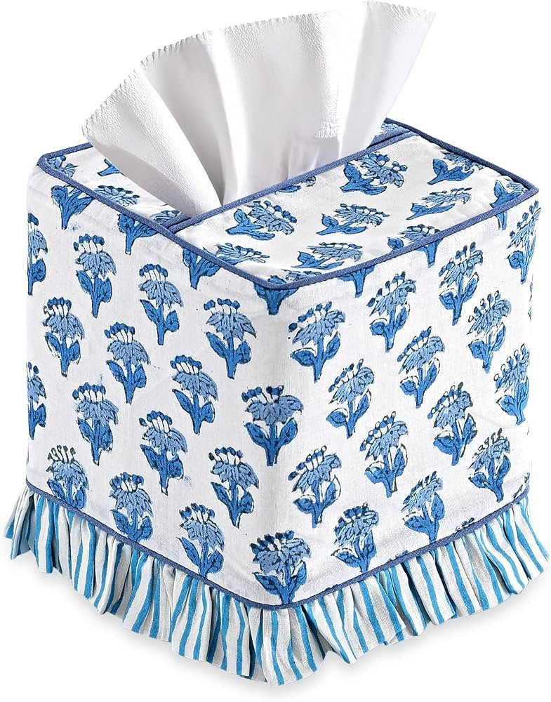 CPC Apatite Blue Hand Block Print Cotton Square Ruffle Tissue Box Cover | Amazon (US)