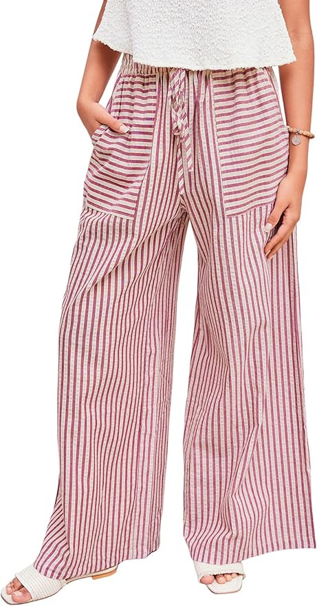 Yeokou Women's Wide Leg Pants Drawstring Striped Cotton Mid Rise Casual Long Palazzo Trousers wit... | Amazon (US)