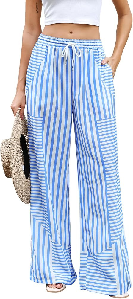 ZAFUL Womens Linen Pants Wide Leg Casual Palazzo Pants Striped Casual Drawstring Elastic Waisted ... | Amazon (US)