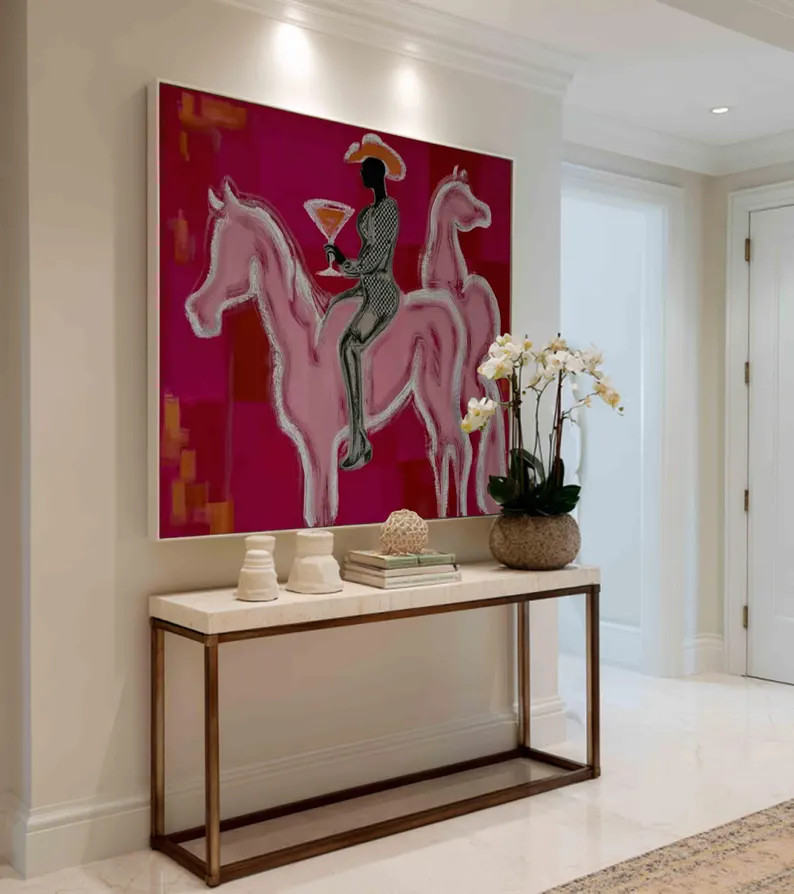 Pink Horse Figurative Canvas ,Cowgirl Martini Ride ,Modern Western Abstract Art Panting,Contempor... | Etsy (Global)