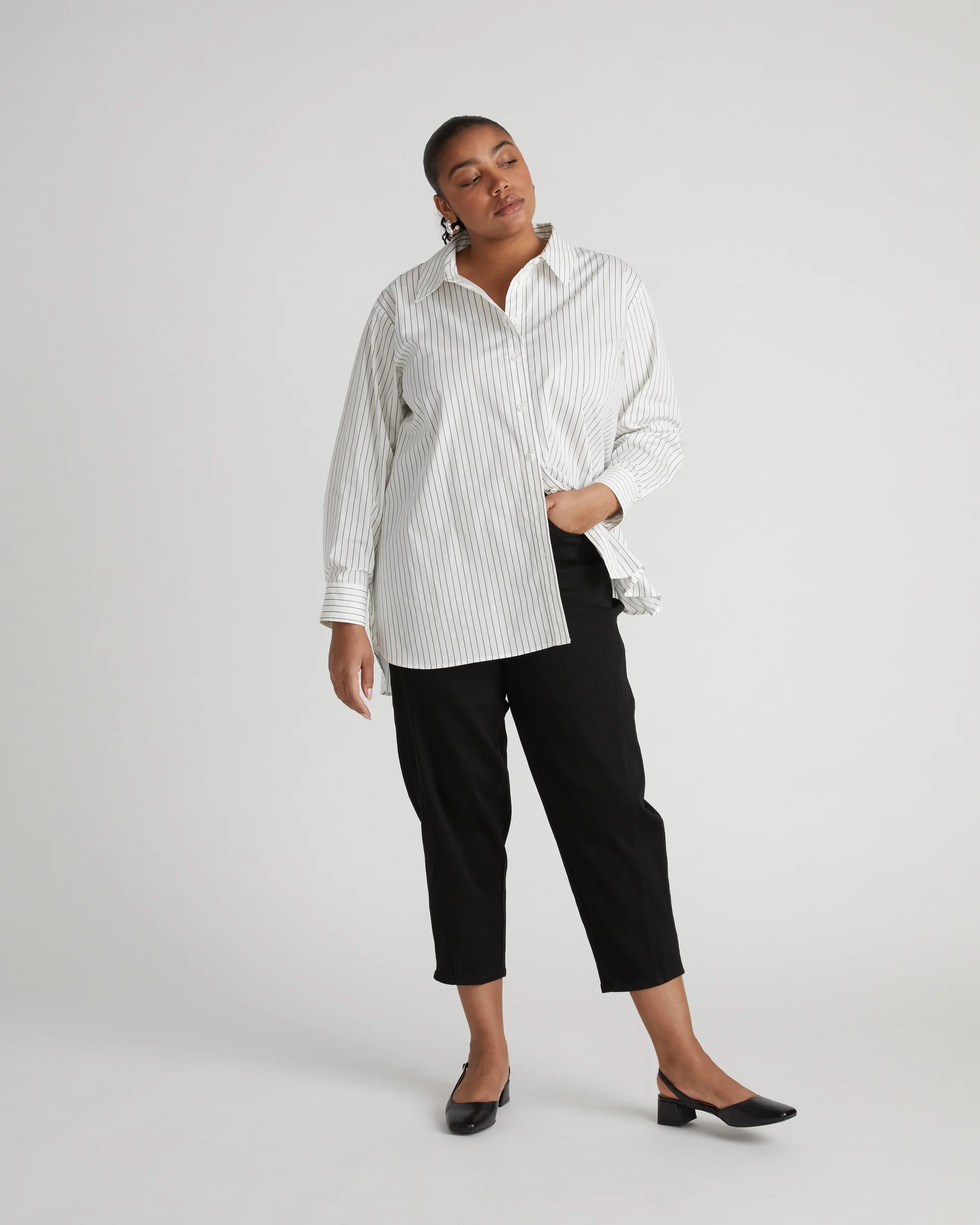 The Artist Poplin ShirtWhite/Grey Stripe$1684 interest-free payments of $42 with Affirm4 reviews | Universal Standard