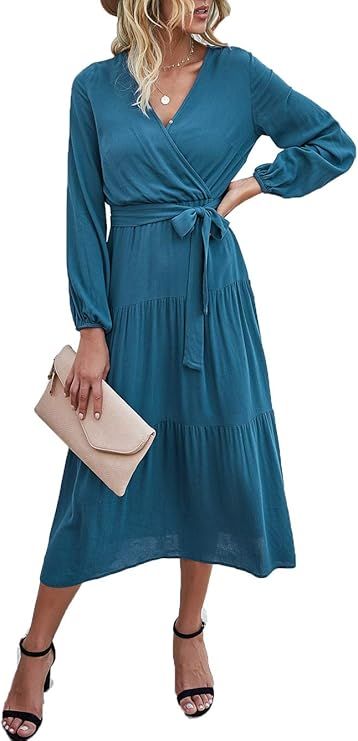 PRETTYGARDEN Women's Long Sleeve Midi Long Dress Wrap V Neck Tiered Fall Vintage Maxi Dresses | Amazon (US)