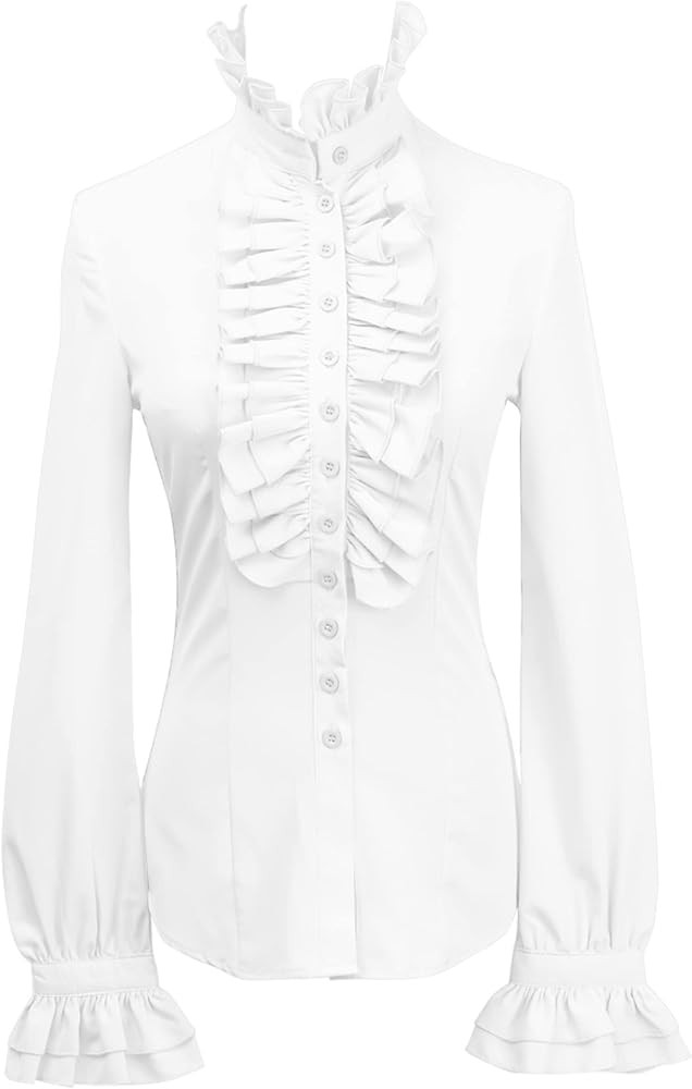 Women Vintage Victorian Button Down Shirts Stand Collar Frilly Ruffle Gothic Blouses Retro Flared... | Amazon (UK)