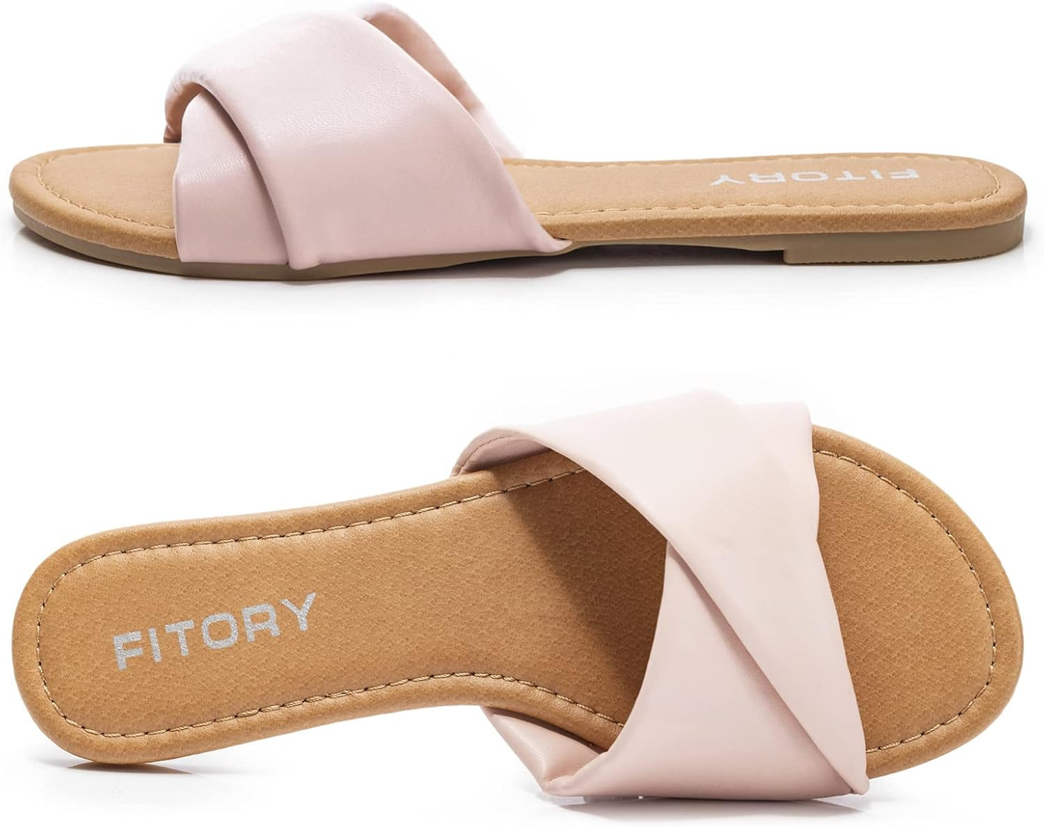 FITORY Women's Flat Sandals Fashion Slides With Soft Leather Slippers for Summer Size 6-11 | Amazon (US)