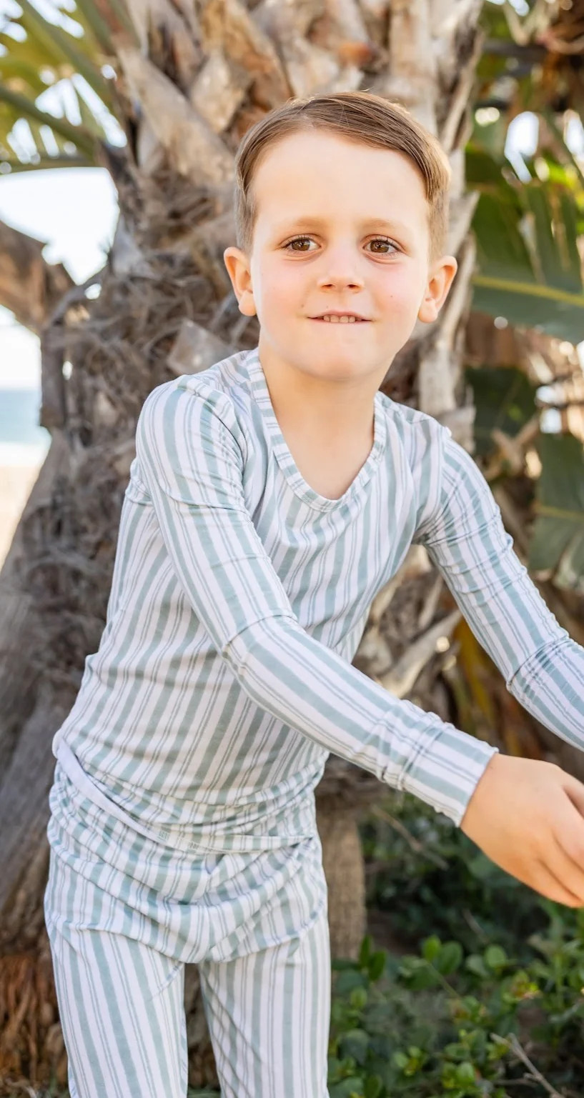Studio Stripe Collection | Big Kids Two-Piece Bamboo Pajamas - Green H | Shae and Palmer