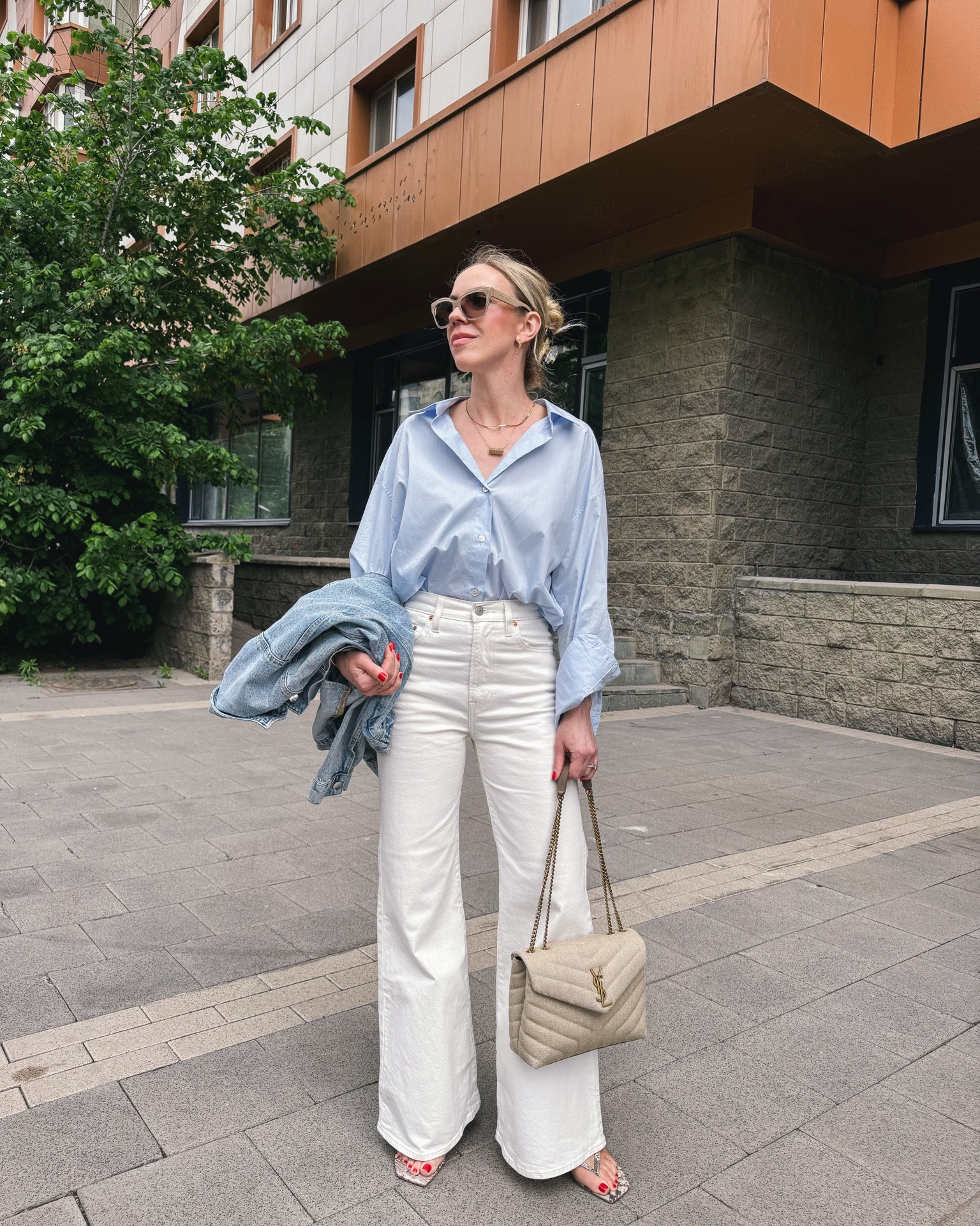 Spring outfit, blue button down shirt, white flare jeans, denim jacket, date night

#LTKSeasonal #LTKOver40 #LTKSaleAlert