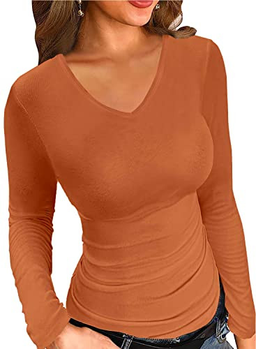 LOLONG Long Sleeve Shirt for Women V Neck Casual Basic Tops Ribbed Knit Slim Fit Solid Fall Layering Tee Orange | Amazon (US)