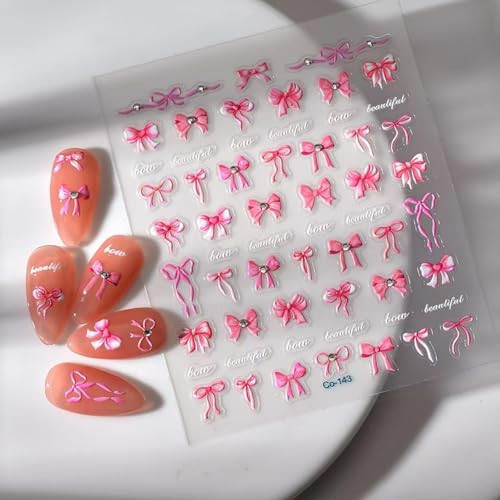 Bow Nail Art Stickers Pink Nail Stickers for Nail Art Design 5D Embossed Nail Art Decals elf Adhesive Rhinestone Nail Decals Manicure Supplies Charm for Women Christmas Nail Art Decorations | Amazon (US)