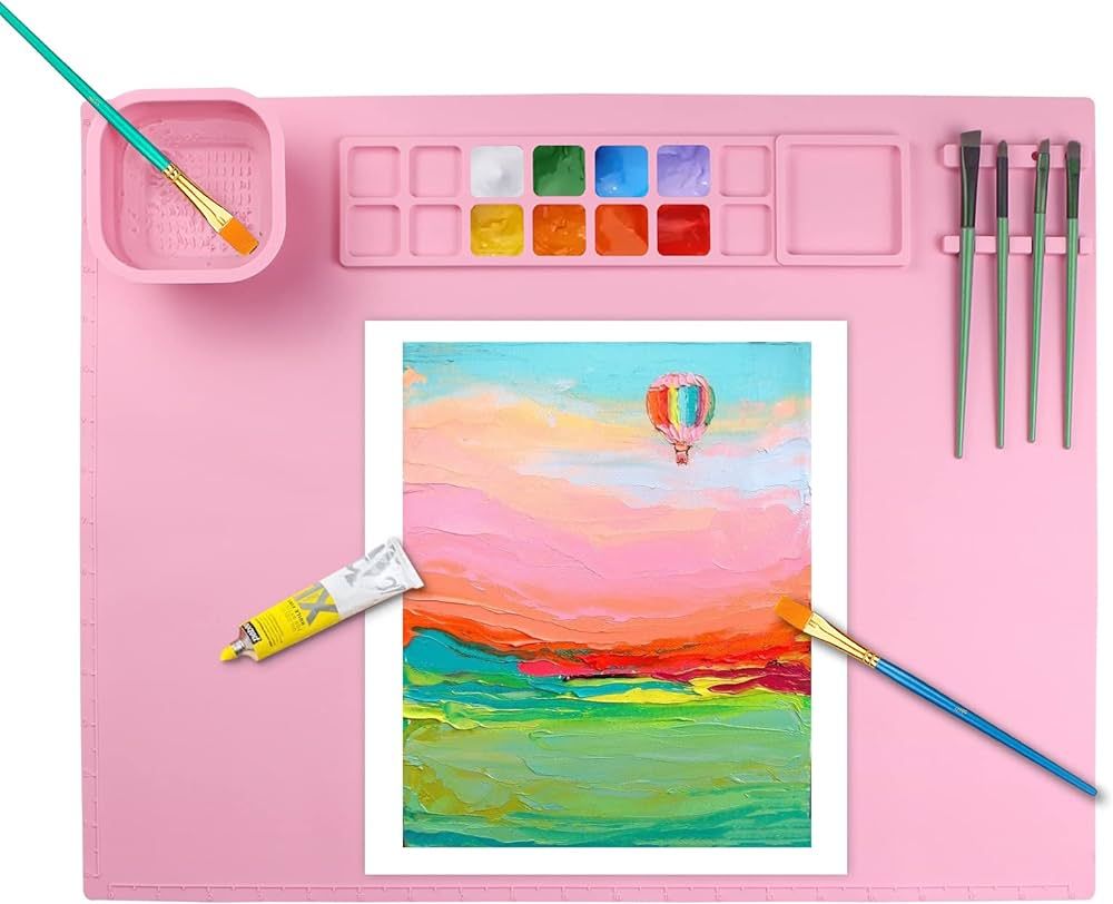 Queceuy Silicone Painting Mat with Cup, 20”x16” ,Art Mat Paint Brush Holder, Large Size Craft... | Amazon (US)