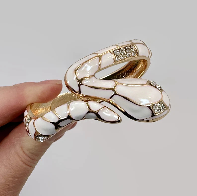 Snake Bracelet, Enamel, White, Hinged Bangle, Gold, Rhinestone, Vintage, Unique, Unusual | Etsy (US)