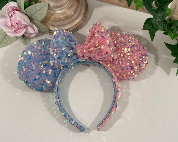 Make It Pink Make It Blue, Sleeping Beauty, Mouse Ears Headband, Iridescent Sequin on Velvet, Mic... | Etsy (US)