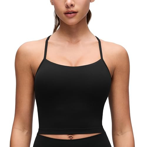 CRZ YOGA Butterluxe Y Back Crop Tank Tops for Women - Spaghetti Straps Racerback Padded Yoga Workout Longline Sports Bras Black Small | Amazon (US)