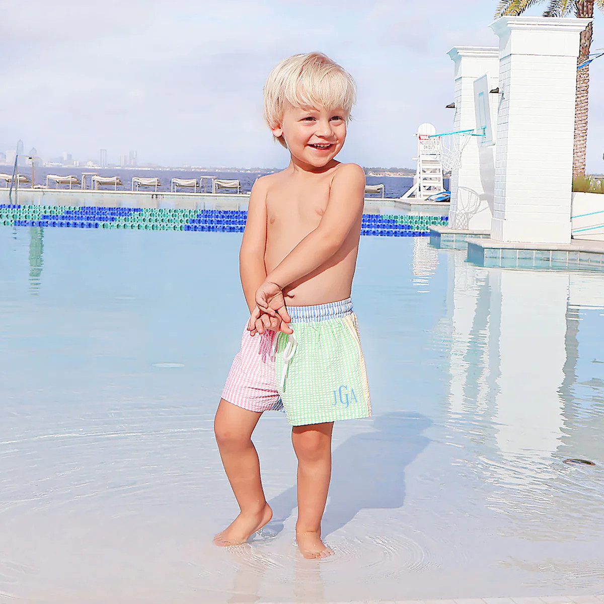 Colorblock Seersucker Swim Trunks | Classic Whimsy