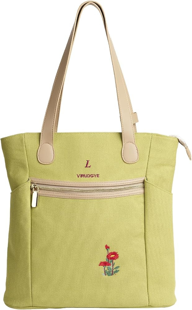 Women's Canvas Tote Bag with Zip Top & Outside Pockets, 13.7" Embroidered-Accent Handbag - Casual... | Amazon (US)