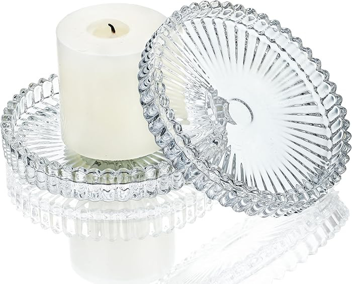 kanpura 3.5 Inch Glass Pillar Candle Holder Set Set of 2 Gear Round Candle Plate Flat Candle Stan... | Amazon (US)