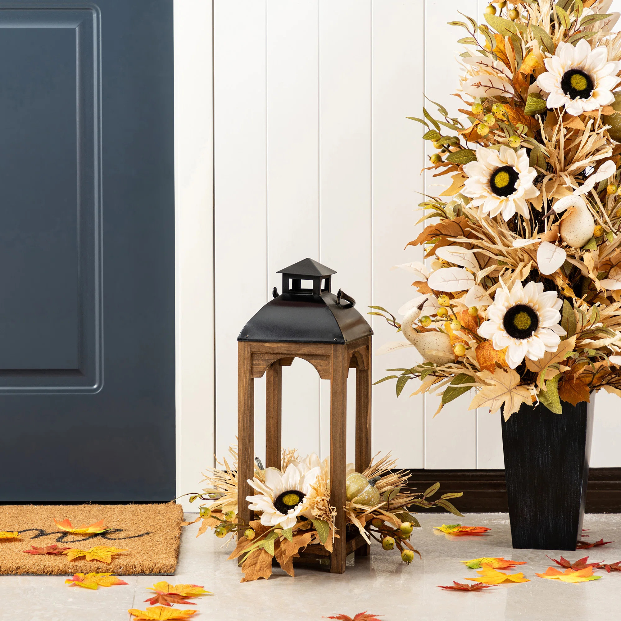 20"H Fall Neutral Sunflower, Pumpkin And Leaf Wood Lantern Centerpiece | Wayfair North America