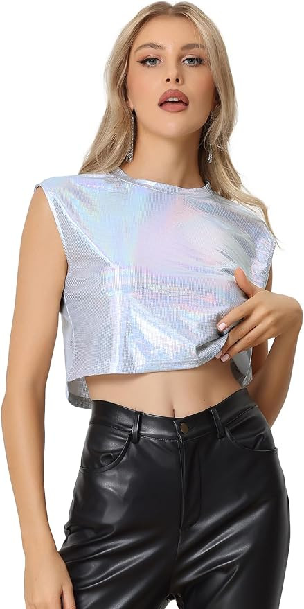 Allegra K Metallic Top for Women's Sleeveless Crop Shirts Zipper Shiny Halloween Party Tank Tops | Amazon (US)