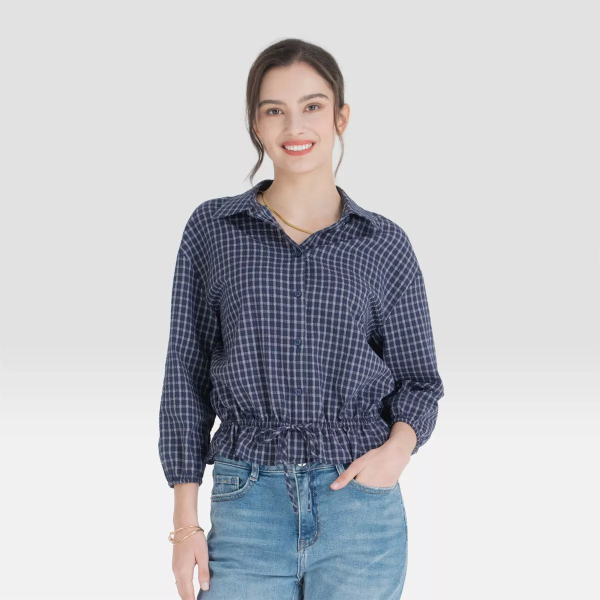 Women's Balloon Long Sleeve Collared Drawstring Waist Button-Down Shirt - Universal Thread\u2122 | Target