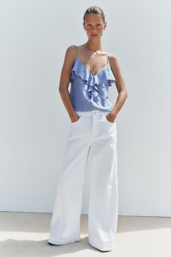 LINEN RUFFLED STRAPPY TOP | Zara Canada