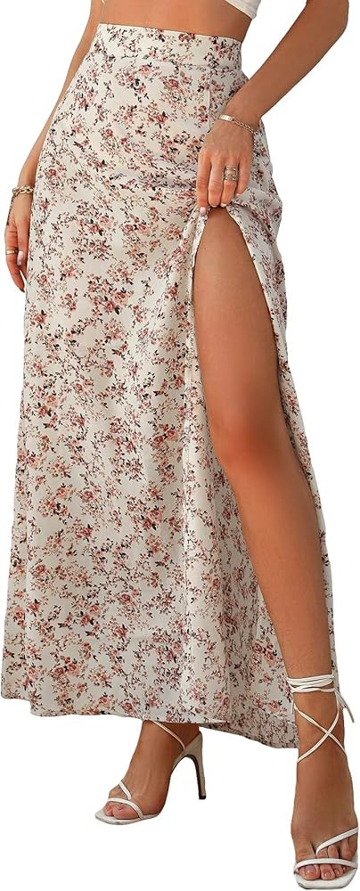 Verdusa Women's Sexy Boho Floral Split Thigh High Waist Swing Midi Skirt | Amazon (US)