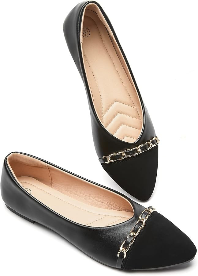 BABUDOG Women's PU Leather Flats Shoes,Black and White Dress Shoes,Crimping Faux Suede Pointed-To... | Amazon (US)