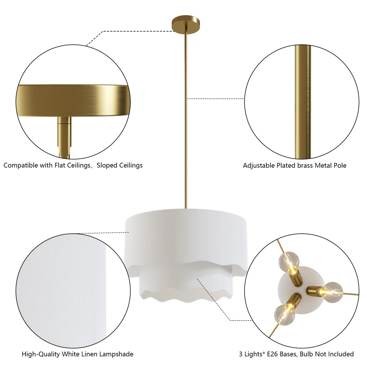 3-Light 20” White Modern Farmhouse Drum Chandelier Light with Adjustable Height for Dining Room... | Wayfair North America