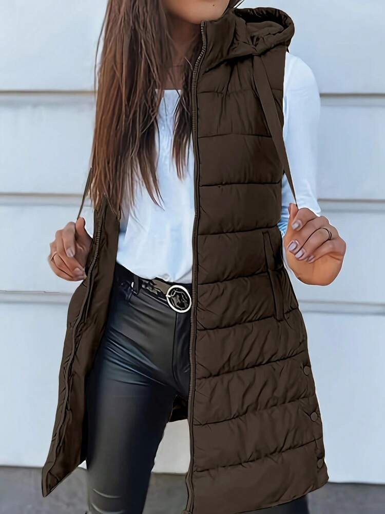 Elegant Women's Thickened Warm Hooded Vest - Solid Color, Long Sleeve, All Season Jacket, Fashion... | SHEIN