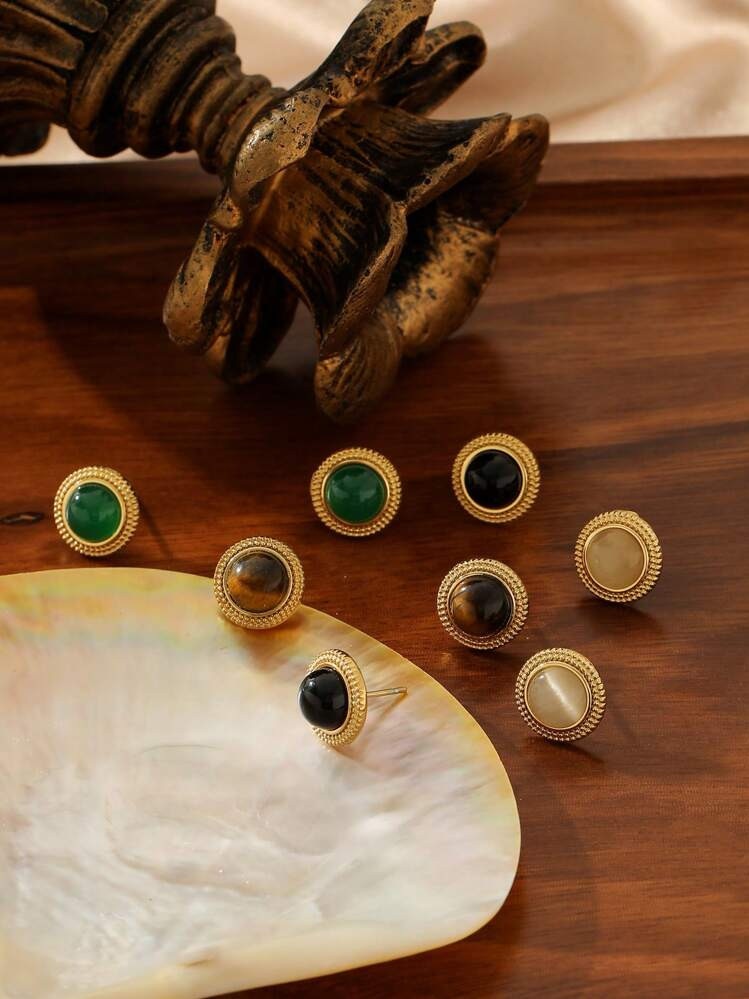 1 Par De Brincos De Flor Redonda De Jade Hetian Verde Zircônia Em Aço Inoxidável Da Keen-On, Joia De Alta Qualidade, Olho De Gato, Temperamento Elegante, Moda Versátil, Presente Diário | SHEIN