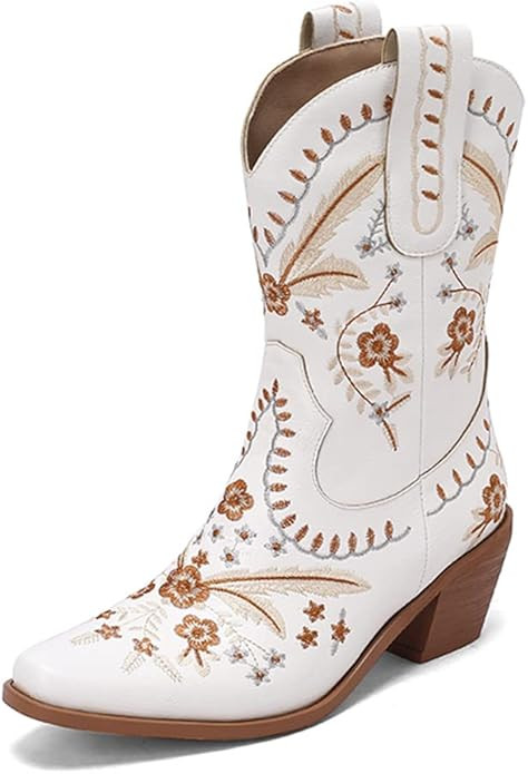 MRKEWUNEY Classic Cowboy Boots for Women Pointed Toe Cowgirl Boots Low Heels Western Ankle Boots | Amazon (US)