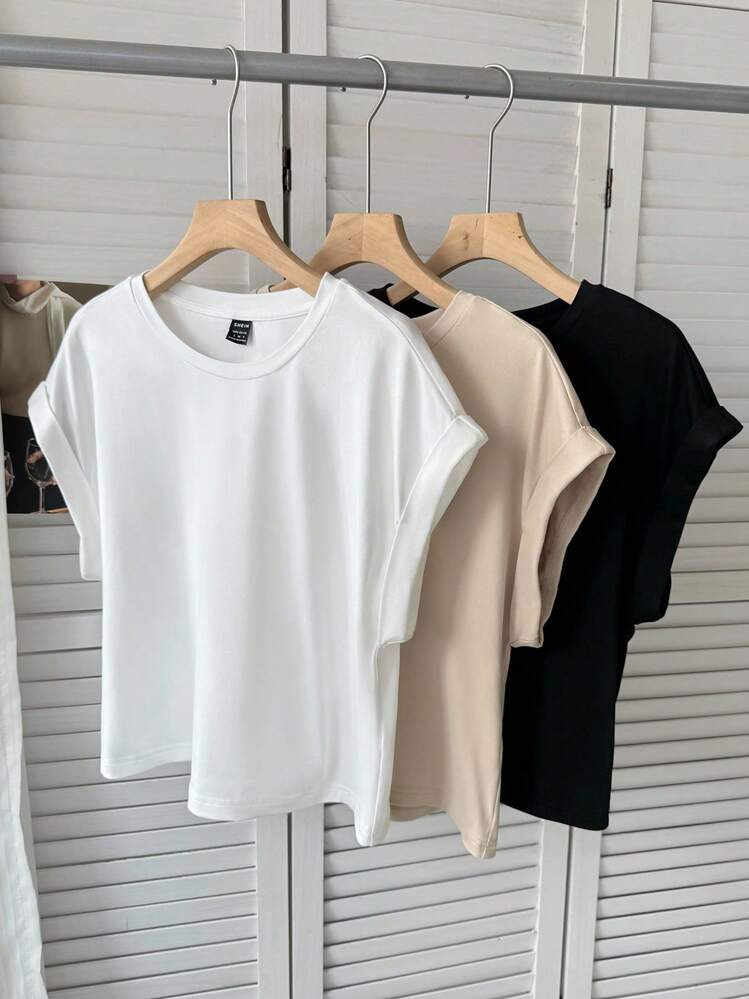 SHEIN LUNE 3pcs/Set Women's Casual Solid Color Basic Short Sleeve T-Shirt Cute Top Basic Tops Goi... | SHEIN