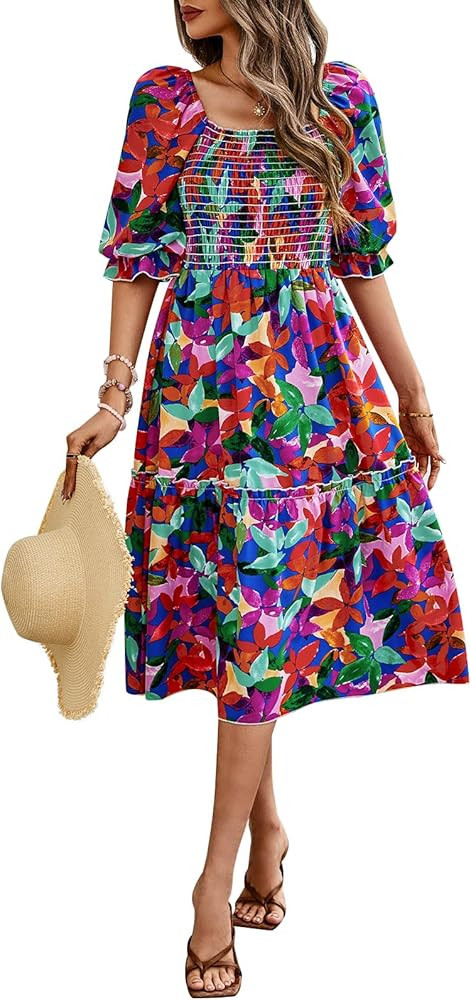 PRETTYGARDEN Womens Puff Sleeve Square Neck A Line Flowy Boho Floral Smocked Dresses | Amazon (US)