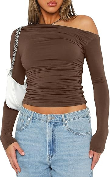 Darong Women's Casual Long Sleeve Boat Neck Off Shoulder Slim Fit Crop Top Going Out Blouses Y2K ... | Amazon (US)