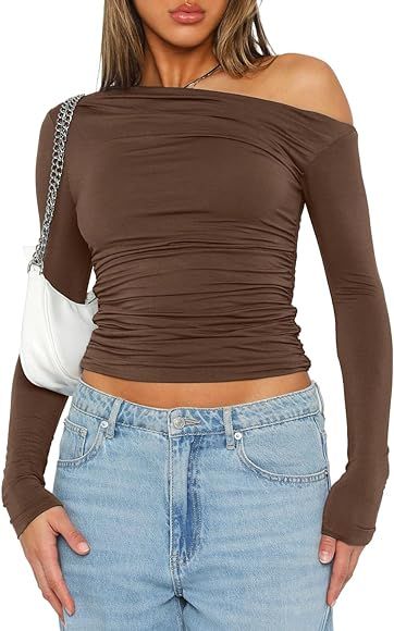 Darong Women's Casual Long Sleeve Boat Neck Off Shoulder Slim Fit Crop Top Going Out Blouses Y2K ... | Amazon (US)