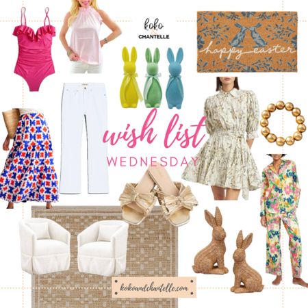 Happy Wish List Wednesday! It’s beginning to look a lot like spring!!

Bunny door mat
Viral flicked bunnies on sale!
Rattan bunnies
Set of 2 swivel chairs on sale 
Gorgeous natural rug
Hot pink ruffle swimmie
Ruffle pink blouse
Graphic print maxi skirt
Gold designer inspired slides
Gold bead bracelet 
White cropped denim
Easter dress
Spring pajamas 

#LTKSeasonal #LTKover40 #LTKhome
