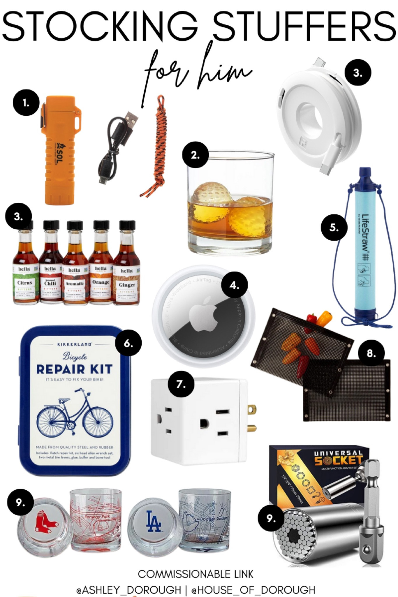 Stocking stuffers for him! 

Universal socket
Multi tool
Bike repair kit 
Apple AirTag 
Golf ball ice cube 
Mesh grill bag
Bitters
Cocktail
Bar
Walmart
Target
Uncommon goods

#LTKHoliday #LTKSeasonal #LTKCyberweek