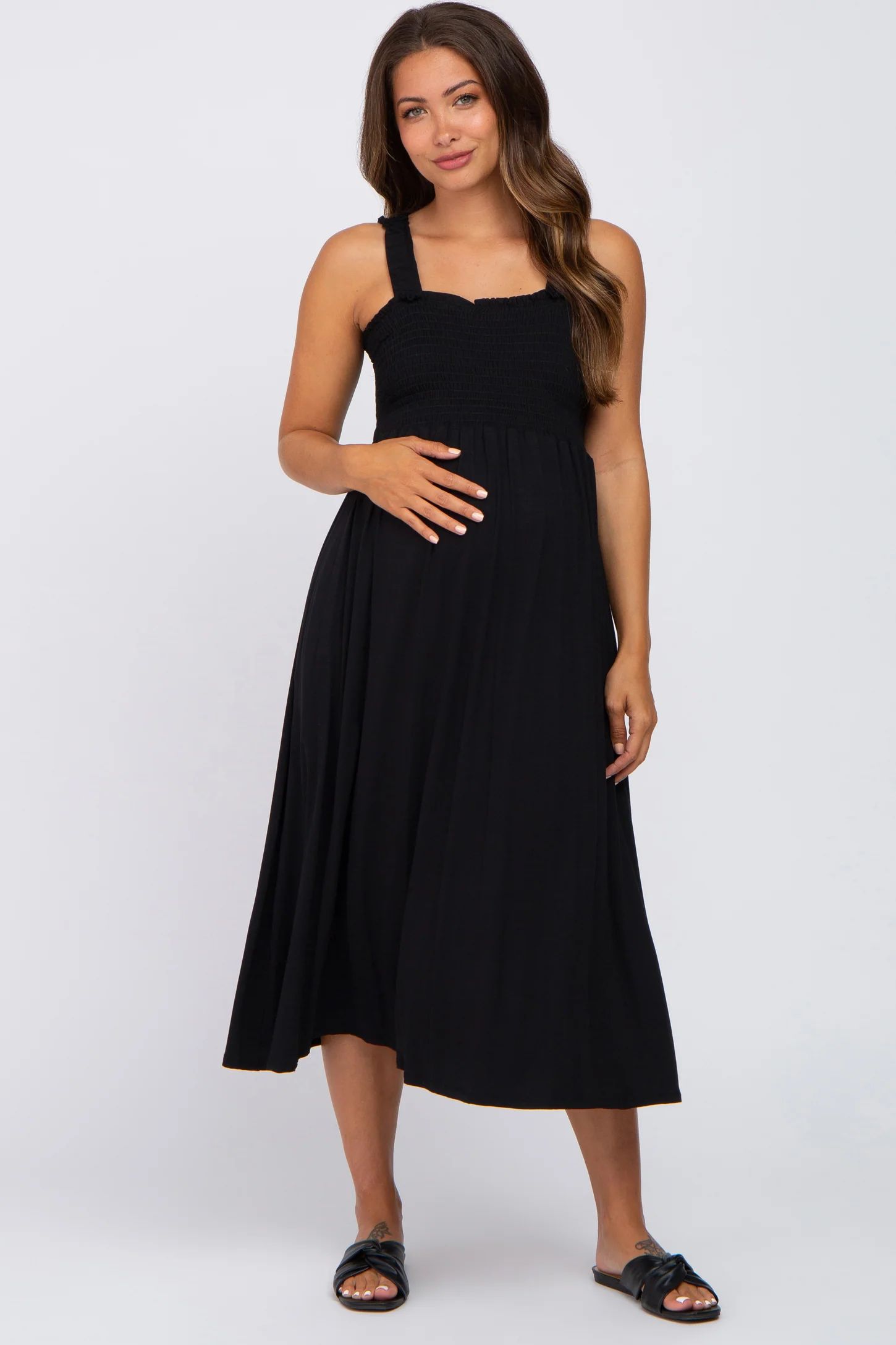 Black Smocked Ruffle Strap Maternity Midi Dress | PinkBlush Maternity