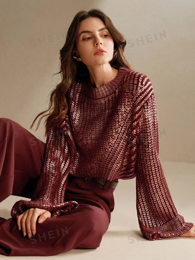 Anewsta Short Bell Sleeve Design Gradient Gold Foil Jumper | SHEIN