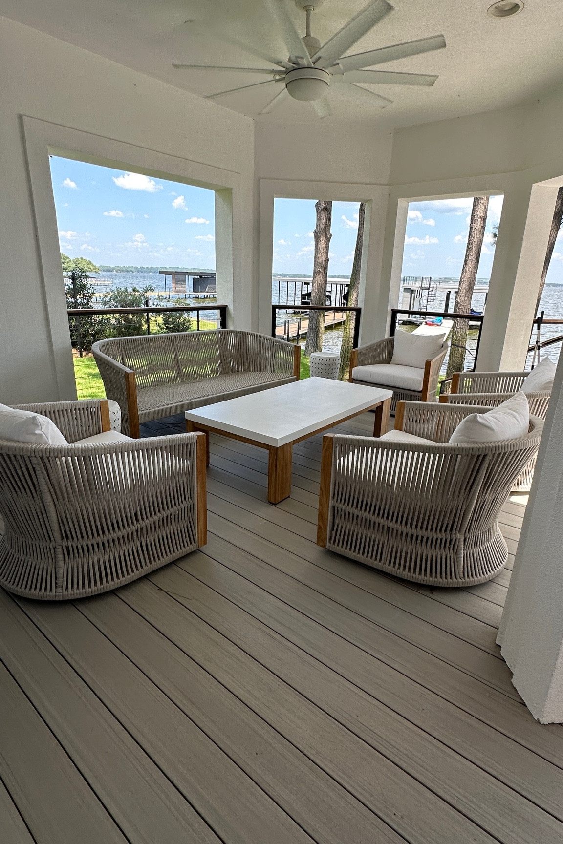 We love this new outdoor living seating area with woven rope chairs, and sofas with white cushions, and teak detailing

Williams-Sonoma home outdoor furniture 

#LTKSeasonal #LTKHome #LTKSaleAlert