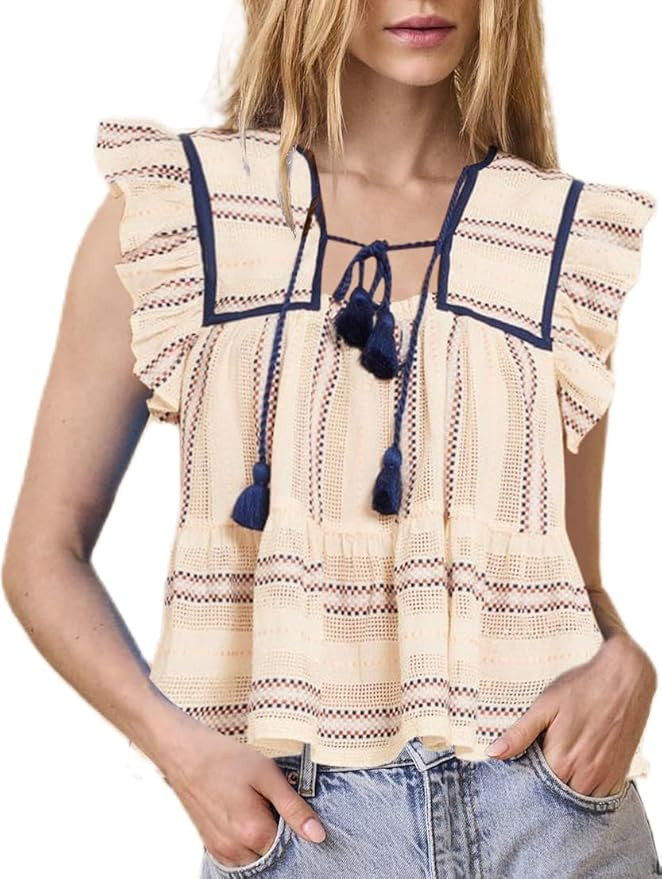 Women Boho Tie Front Peplum Top Floral Print Flowy Fringe Shirt Square Neck Ruffle Tank Top Going... | Amazon (US)