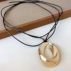 Amazon.com: Chunky Gold Hollow Geometric Pendant Necklace Simple Adjustable Black Leather Wax Thr... | Amazon (US)