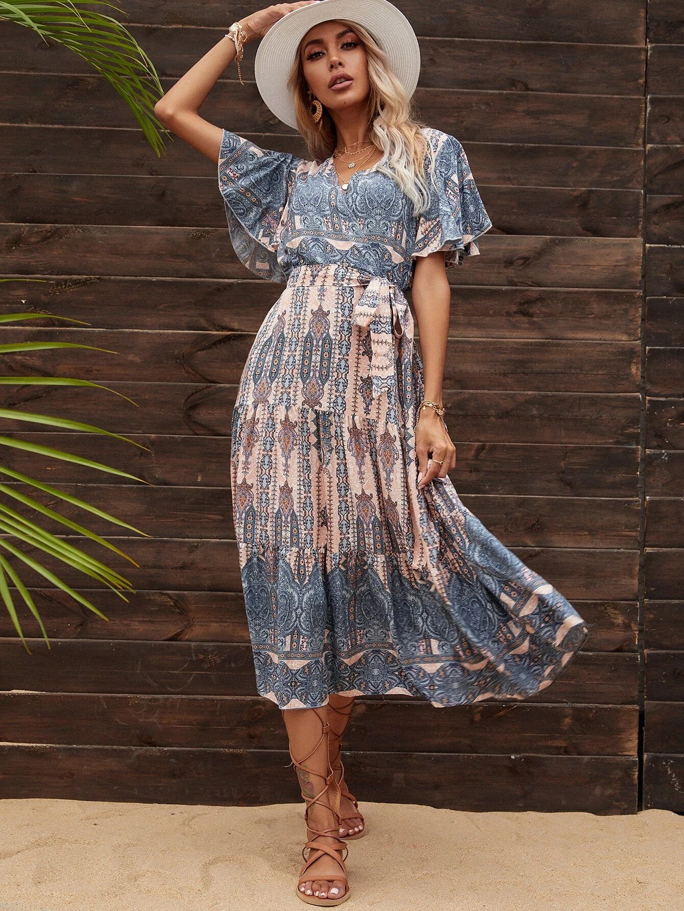 Paisley Print Surplice Front Belted Dress | SHEIN