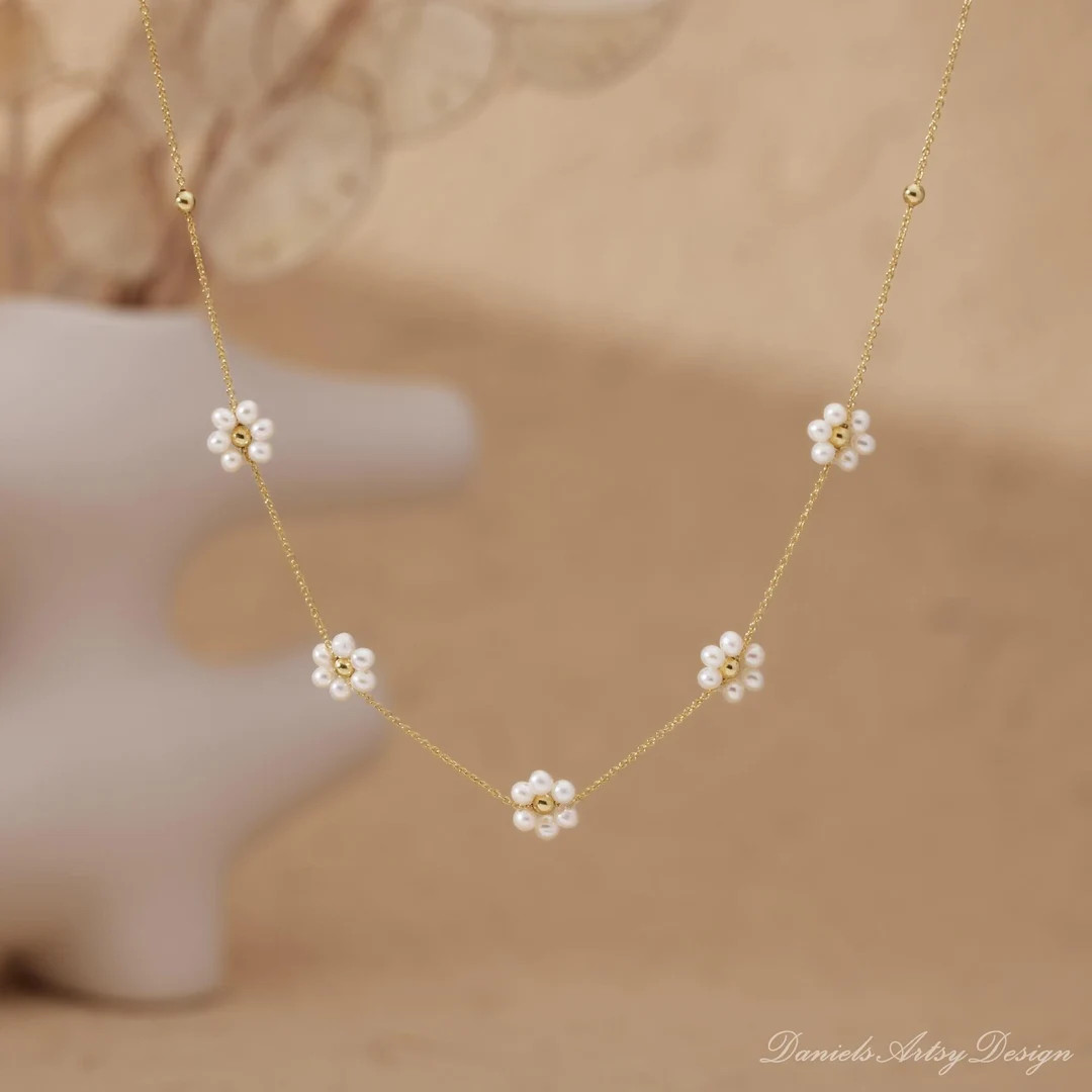 Dainty Pearl Flower Necklace, Freshwater Pearl With Gold Bead Flower Jewelry, Flower Choker, Brid... | Etsy (US)