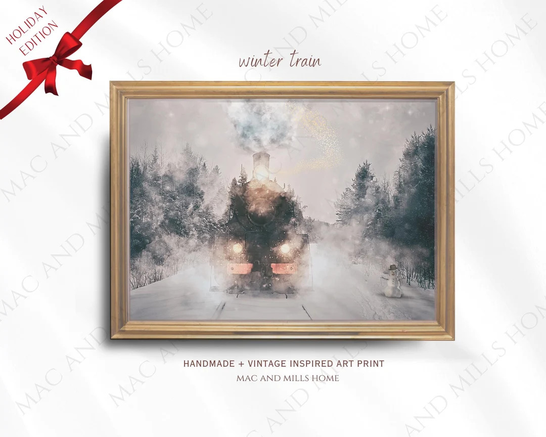 Vintage Christmas Train Digital Art | Snowy Winter Steam Engine Print | Holiday Wall Décor | Nos... | Etsy (US)