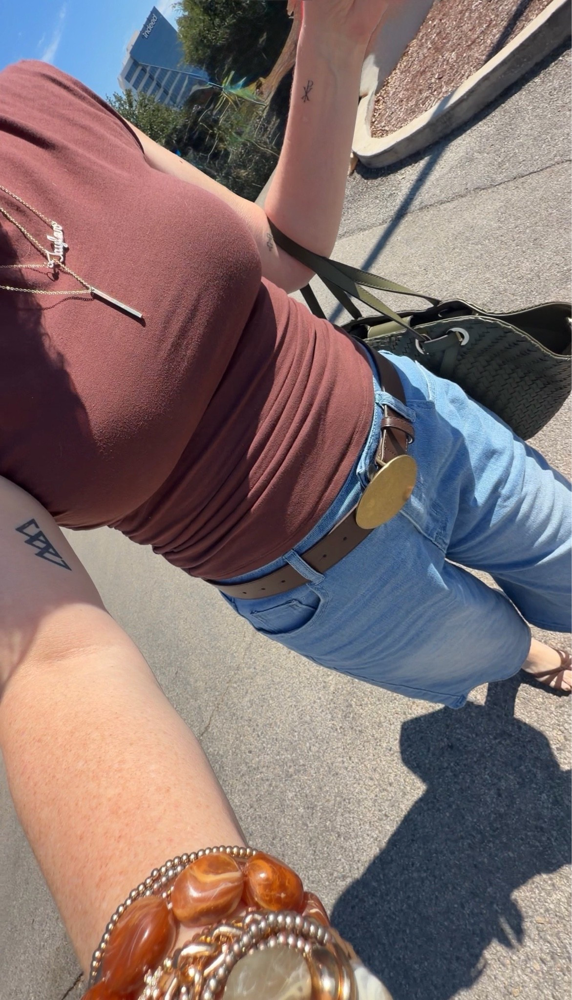 Small top from @Quince & large jorts + accessories @Walmart