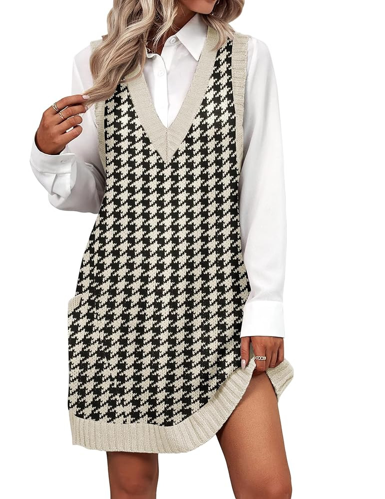 Zeagoo Womens Sweater Vest Dress Pattern Knitted Pullovers Sweaters V Neck Tank Sweater Dress wit... | Amazon (US)
