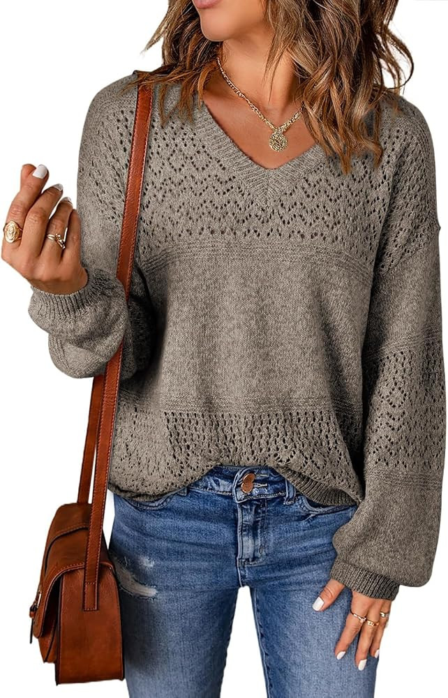 SHEWIN Women's Sweaters Casual Long Sleeve V Neck Crewneck Lightweight Crochet Pullover Sweater T... | Amazon (US)