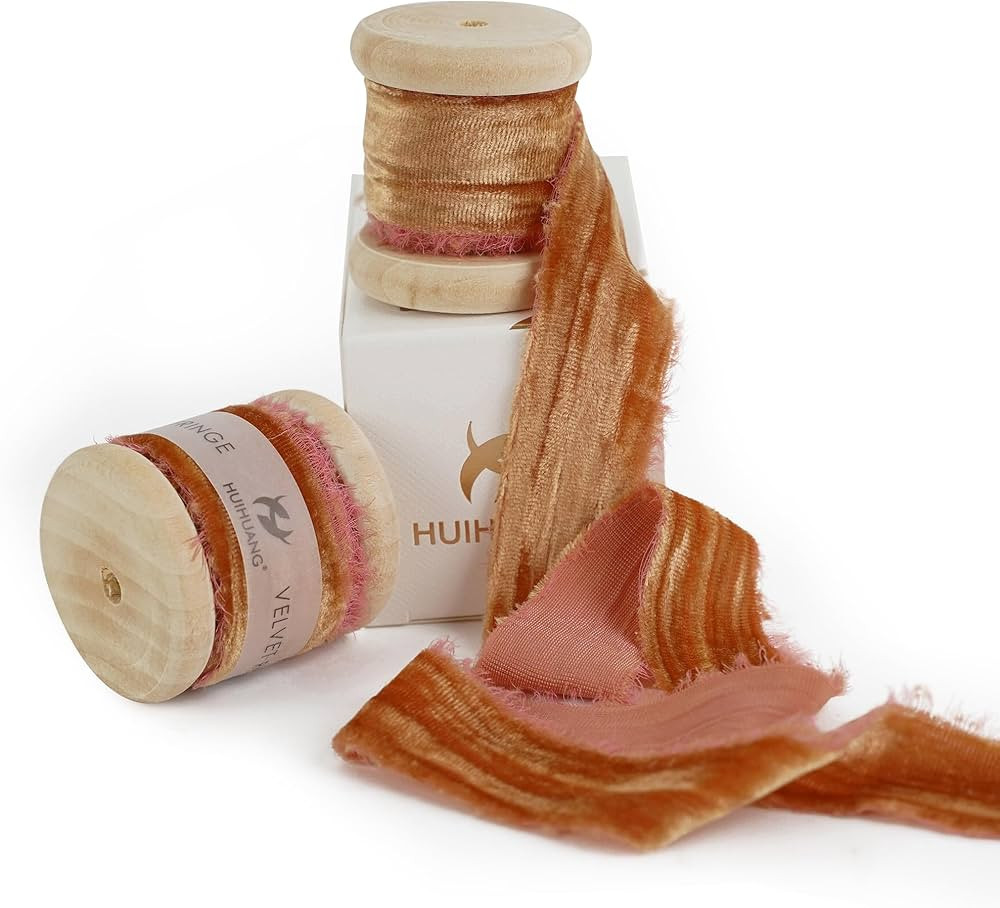 HUIHUANG Cinnamon Velvet Ribbon 1 inch Frayed Velvet Ribbon Orange Crinkled Silk Velvet Ribbons f... | Amazon (US)