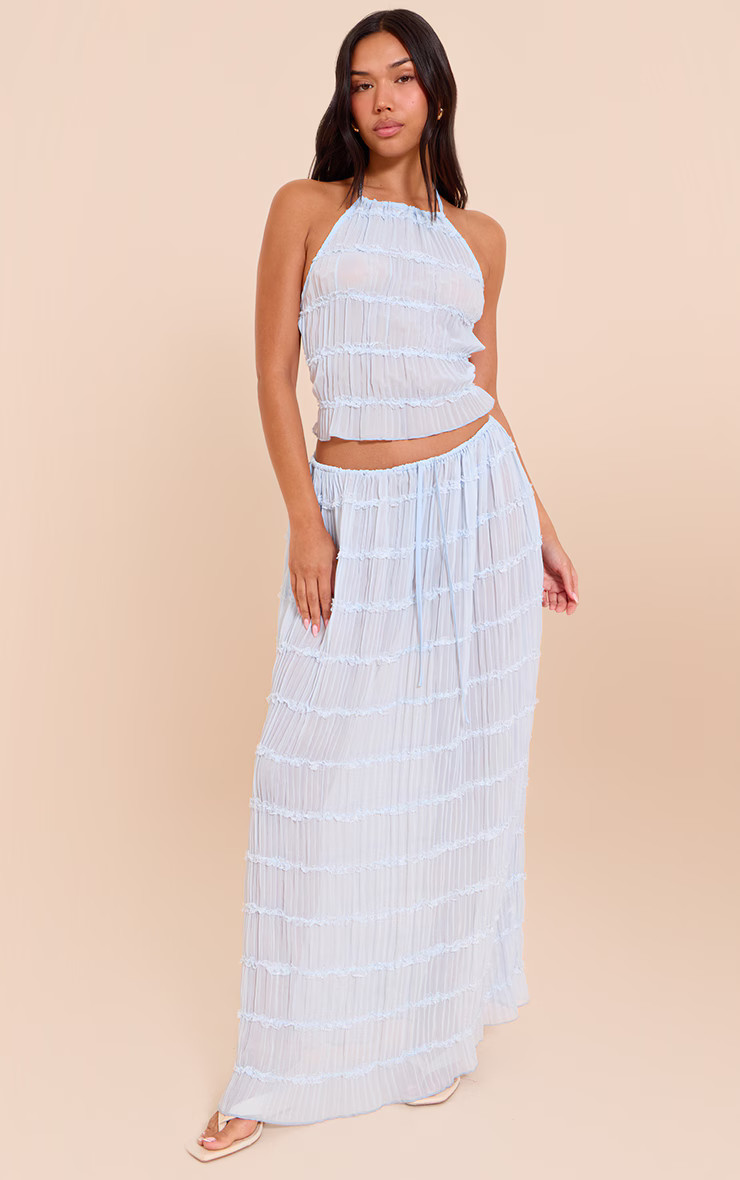 Light Blue Chiffon Ruched Frill Tiered Maxi Skirt | Co-ords | PrettyLittleThing UK
